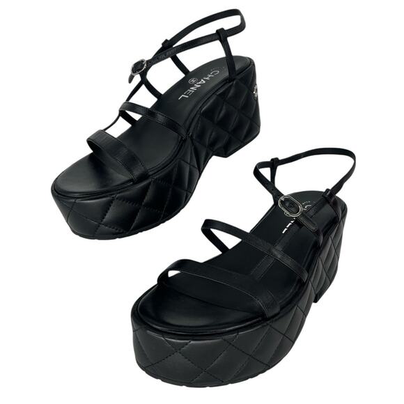 Chanel 2023 Calfskin Quilted Slingback Wedge Logo Sandals - Picture 3 of 16